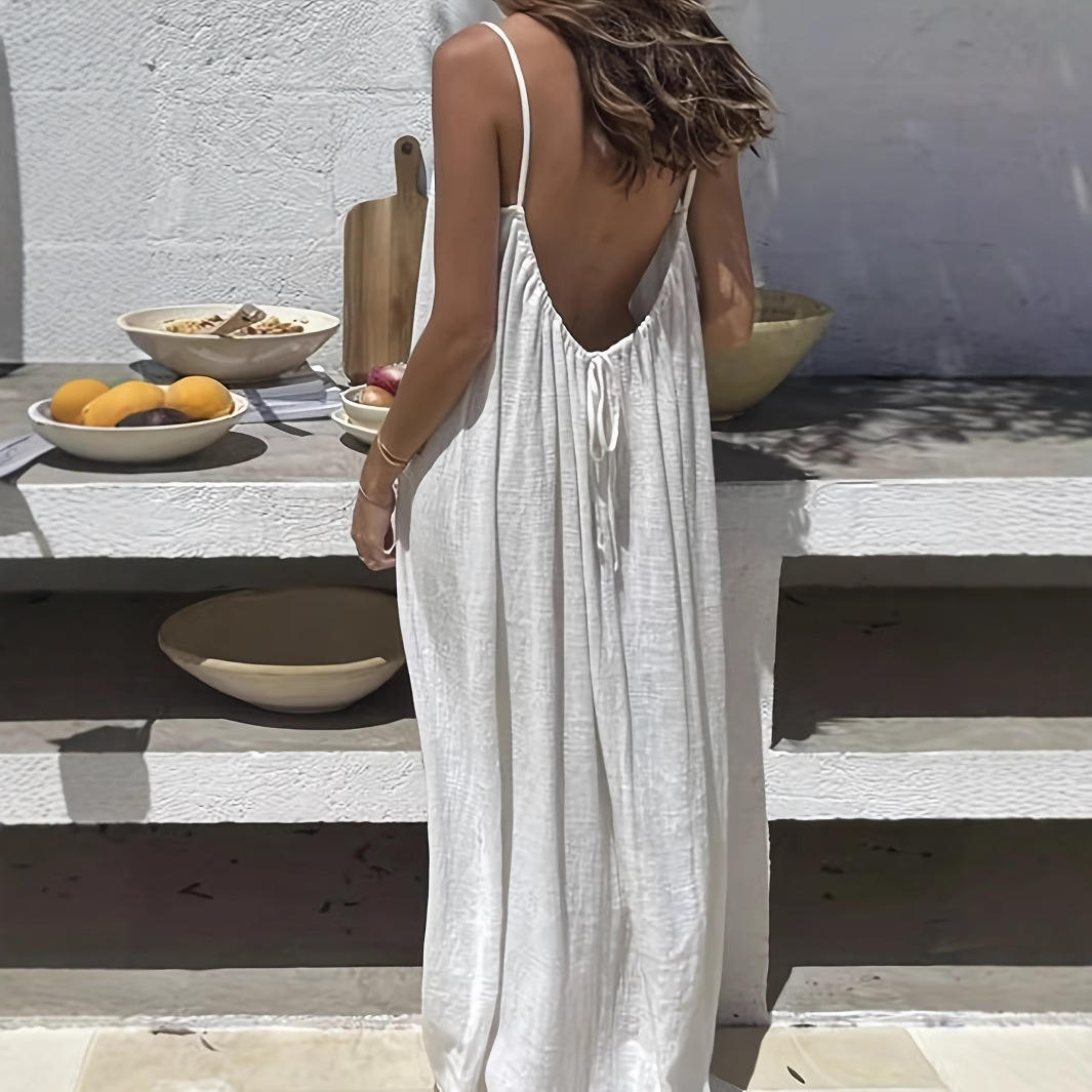 OLd Women's Solid Color Open-Back Maxi Cami Dress – Comfortable, Relaxed Fit – Ideal for Loungewear and Leisure