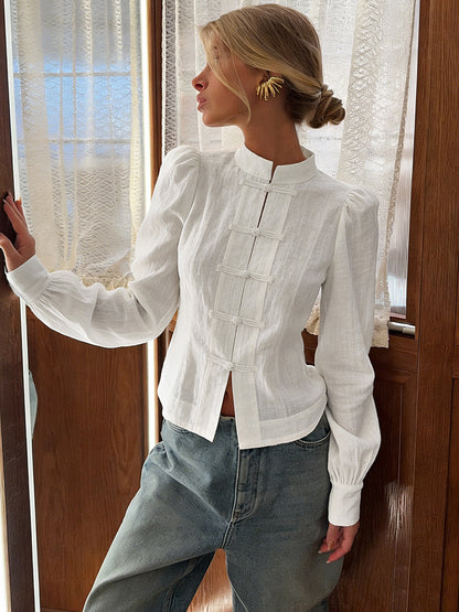 Style Women's Shirt, Mandarin Collar Frog Button Long Sleeve Linen Blouse, Elegant Vintage White Top for Daily Wear