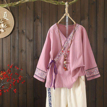 Chemise ample en coton et lin brodée de style chinoiserie, littérature et art, avec lien à nouer, pour le printemps et l'été, robe de thé, haut