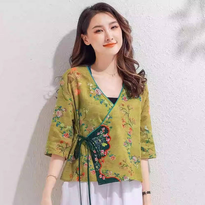 Style chinois à lacets chinois brodé Hanfu rétro Art Cardigan haut imprimé coton et lin chemise