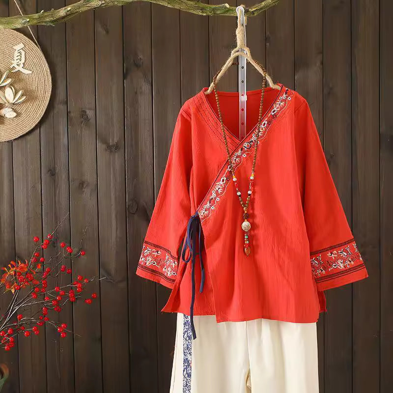 Chemise ample en coton et lin brodée de style chinoiserie, littérature et art, avec lien à nouer, pour le printemps et l'été, robe de thé, haut