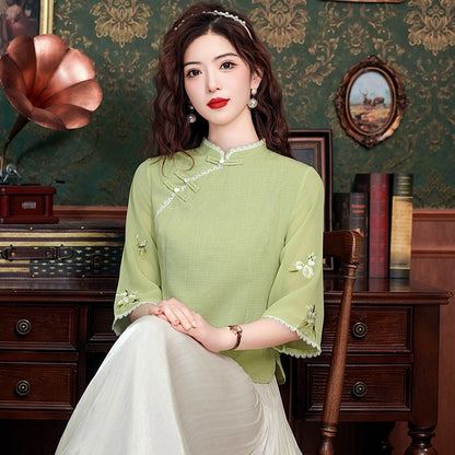 Tang Dress Women's Summer Hanfu Embroidered Top Women's National Style Retro Embroidery Chinese Top Women's Loose Blouse