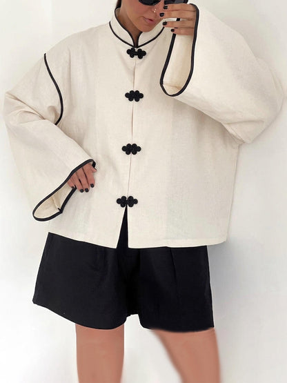 Chemisier décontracté ample à manches longues pour femme, style chinois, avec boutons grenouille, col montant et bordure contrastante, pour le streetwear