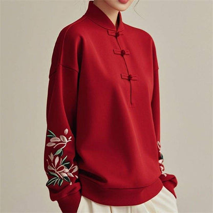 sweat à capuche brodé pour femme, style chinois, col montant, manches longues, boutonné,
