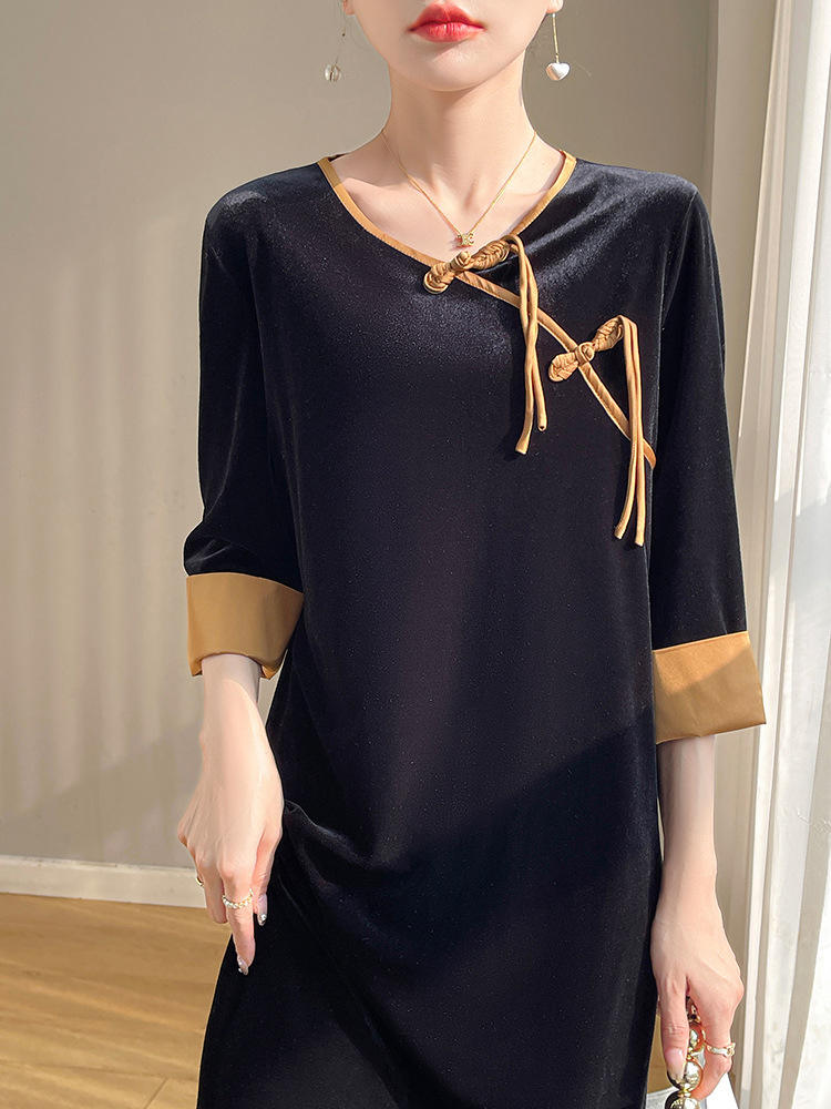 Style Chinois Vintage Noeud Bouton Robe en Velours Doré