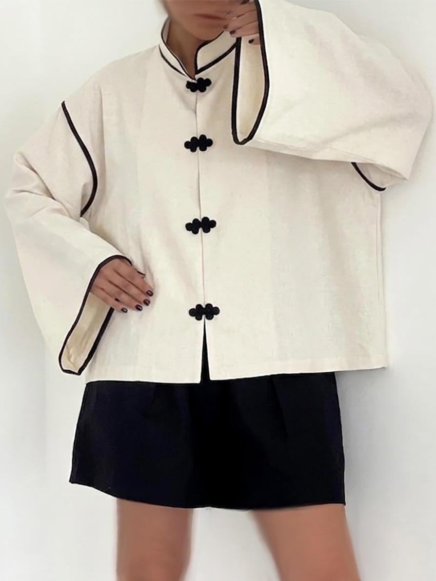 Chemisier décontracté ample à manches longues pour femme, style chinois, avec boutons grenouille, col montant et bordure contrastante, pour le streetwear