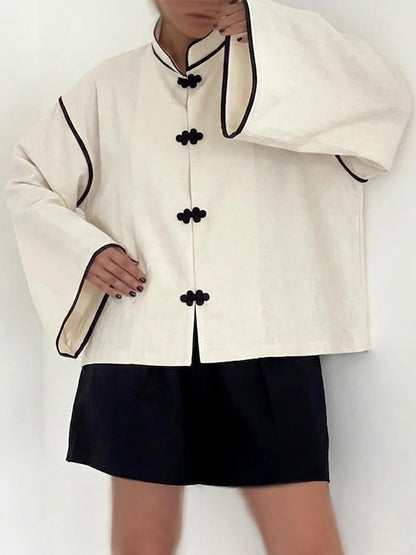 Chemisier décontracté ample à manches longues pour femme, style chinois, avec boutons grenouille, col montant et bordure contrastante, pour le streetwear