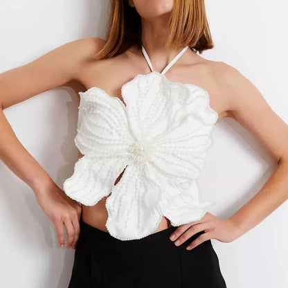 printemps/été nouveau soutien-gorge sexy incrusté de perles Design patchwork floral 3D avec un cou suspendu et un haut à nouer