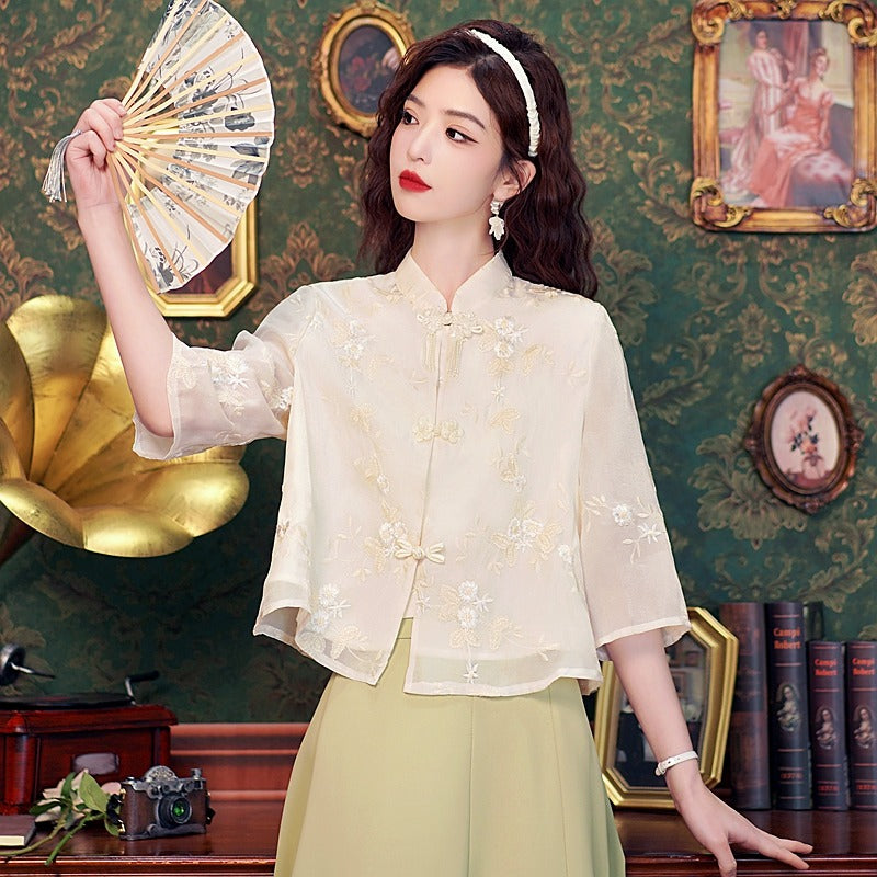 Embroidery Shirt Women Blusas Mujer De Moda 2024 Verano Stand Collar Women Blouse Tops Shirts