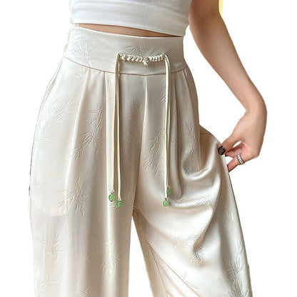 Pantalon large pour femme en polyester et élasthanne haut de gamme, style chinois traditionnel, boutons grenouille ; Léger, été 2025