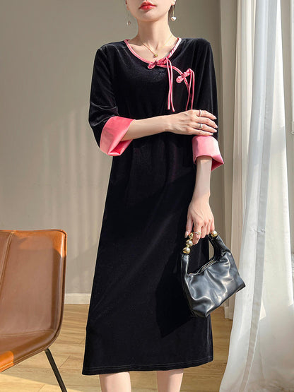 Style Chinois Vintage Noeud Bouton Robe en Velours Doré