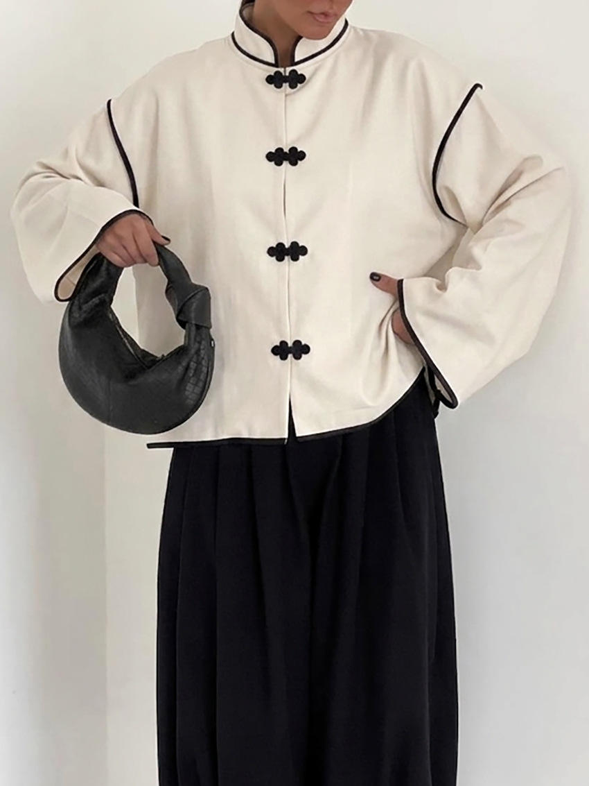 Chemisier décontracté ample à manches longues pour femme, style chinois, avec boutons grenouille, col montant et bordure contrastante, pour le streetwear