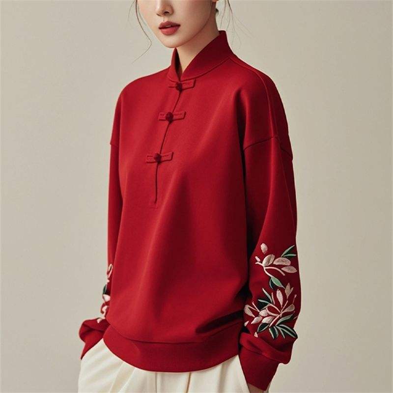 sweat à capuche brodé pour femme, style chinois, col montant, manches longues, boutonné,