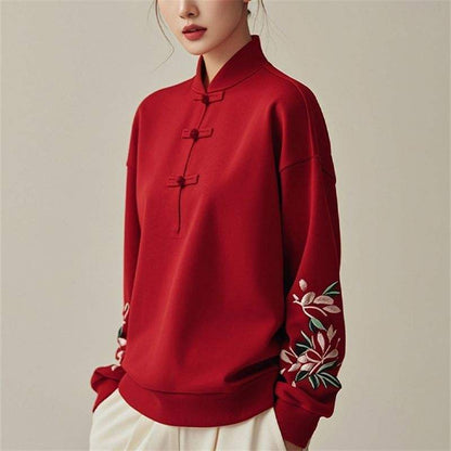 sweat à capuche brodé pour femme, style chinois, col montant, manches longues, boutonné,