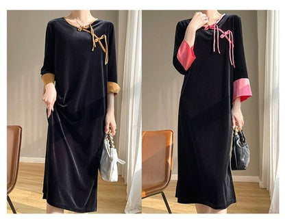Style Chinois Vintage Noeud Bouton Robe en Velours Doré
