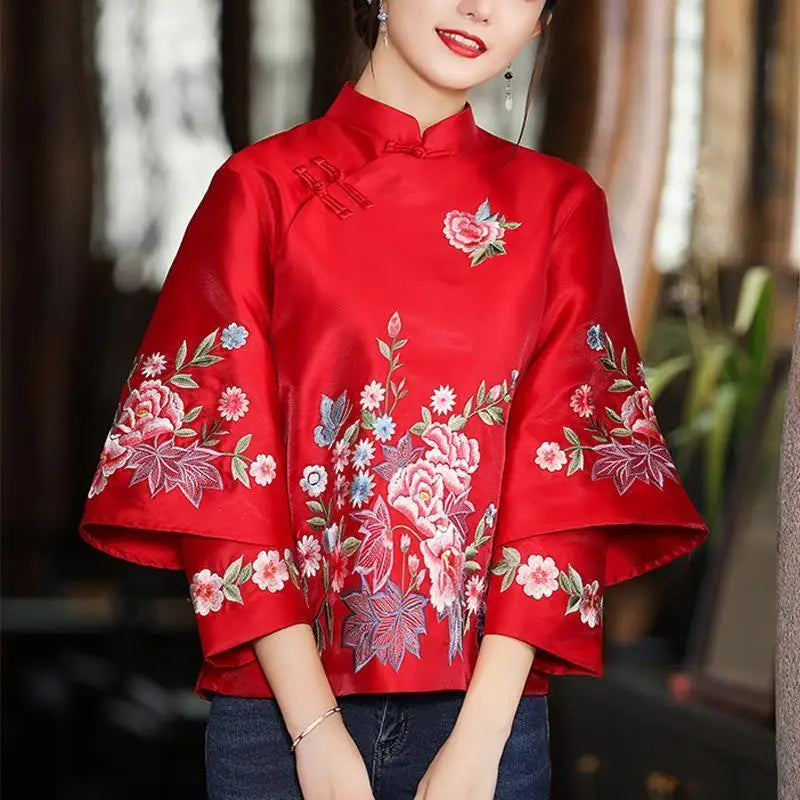 Elegant Loose Blouse New Spring and Autumn Ethnic Style Tang Suit Coat Retro Embroidery Button Chinese Top Women's Top