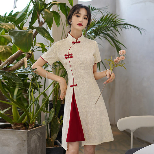 Slim-fit Casual Midi Short-sleeved Button Closure Vintage Ethnic Style Cheongsam
