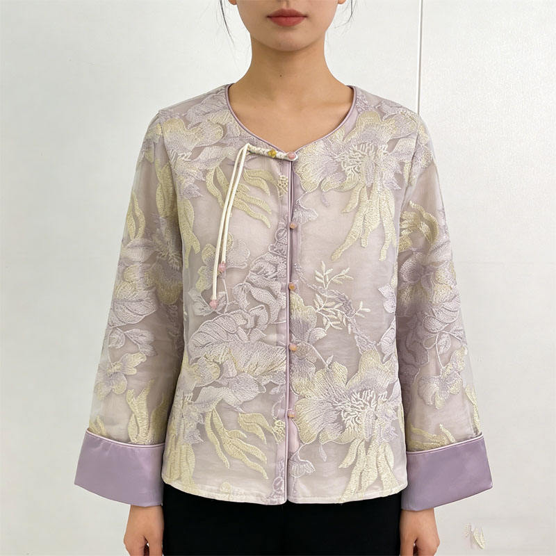 Chemisier en satin Hanfu chinois pour femmes, coupe ample, col rond, boutons sur le devant, boutons grenouille traditionnels