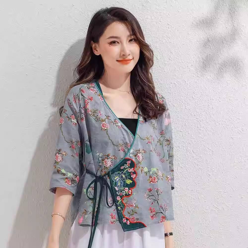 Style chinois à lacets chinois brodé Hanfu rétro Art Cardigan haut imprimé coton et lin chemise