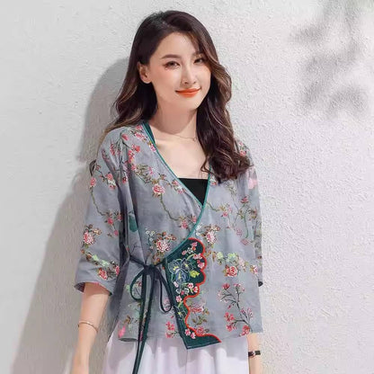 Style chinois à lacets chinois brodé Hanfu rétro Art Cardigan haut imprimé coton et lin chemise