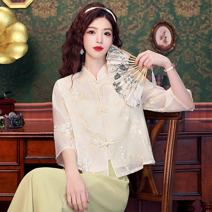 Embroidery Shirt Women Blusas Mujer De Moda 2024 Verano Stand Collar Women Blouse Tops Shirts