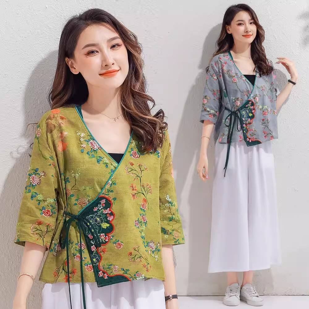 Style chinois à lacets chinois brodé Hanfu rétro Art Cardigan haut imprimé coton et lin chemise