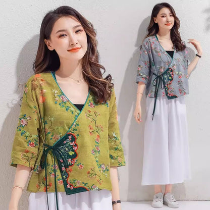 Style chinois à lacets chinois brodé Hanfu rétro Art Cardigan haut imprimé coton et lin chemise