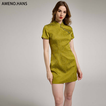 Vert Vintage Chinois Jacquard Dos Découpe Bretelles Croisées Robe Cheongsam Chinois Traditionnel