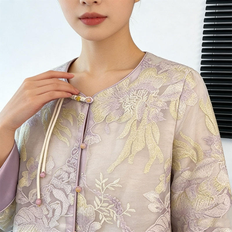 Chemisier en satin Hanfu chinois pour femmes, coupe ample, col rond, boutons sur le devant, boutons grenouille traditionnels
