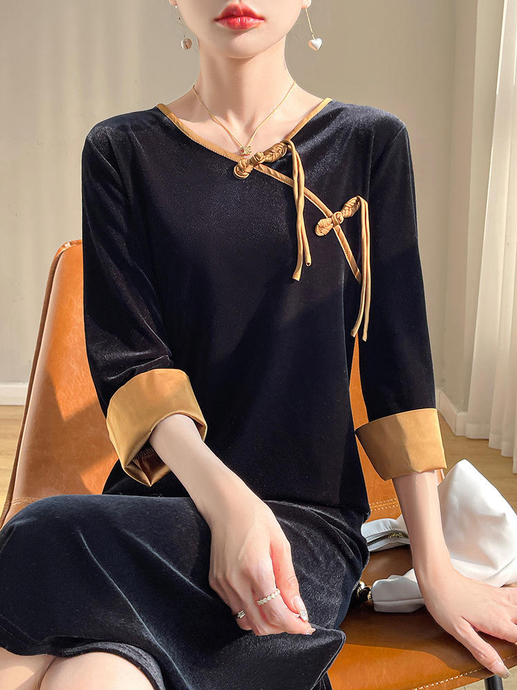 Style Chinois Vintage Noeud Bouton Robe en Velours Doré