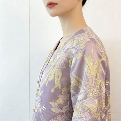 Chemisier en satin Hanfu chinois pour femmes, coupe ample, col rond, boutons sur le devant, boutons grenouille traditionnels