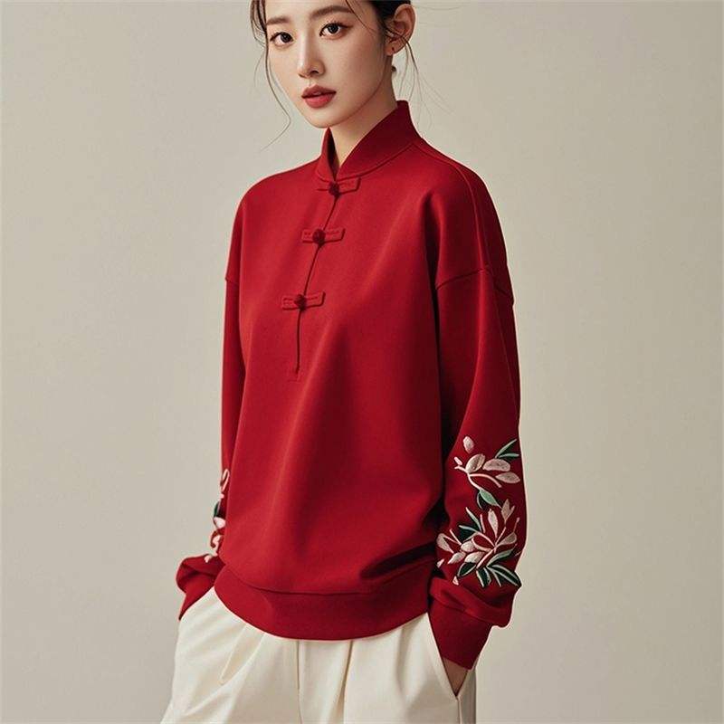 sweat à capuche brodé pour femme, style chinois, col montant, manches longues, boutonné,