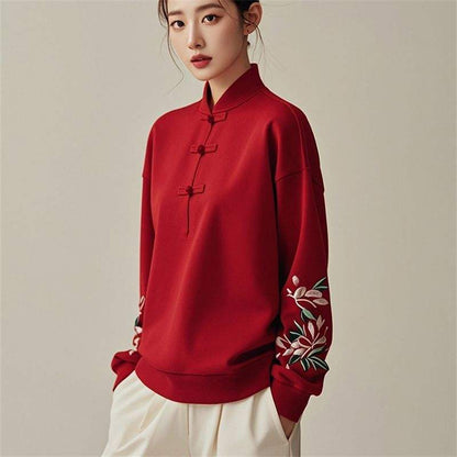 sweat à capuche brodé pour femme, style chinois, col montant, manches longues, boutonné,