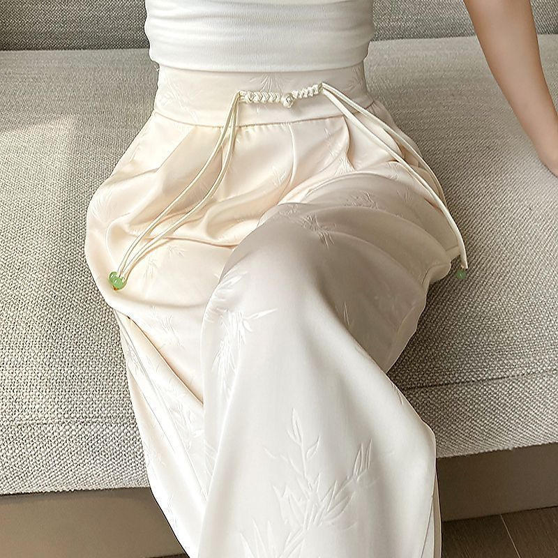 Pantalon large pour femme en polyester et élasthanne haut de gamme, style chinois traditionnel, boutons grenouille ; Léger, été 2025