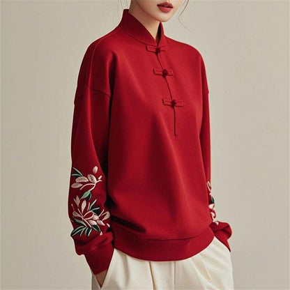 sweat à capuche brodé pour femme, style chinois, col montant, manches longues, boutonné,