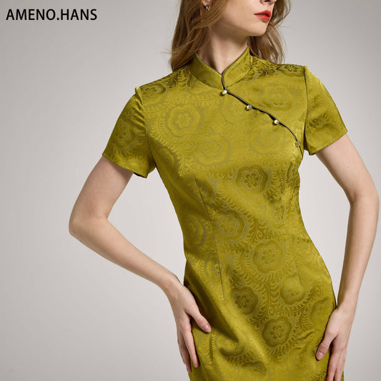 Vert Vintage Chinois Jacquard Dos Découpe Bretelles Croisées Robe Cheongsam Chinois Traditionnel
