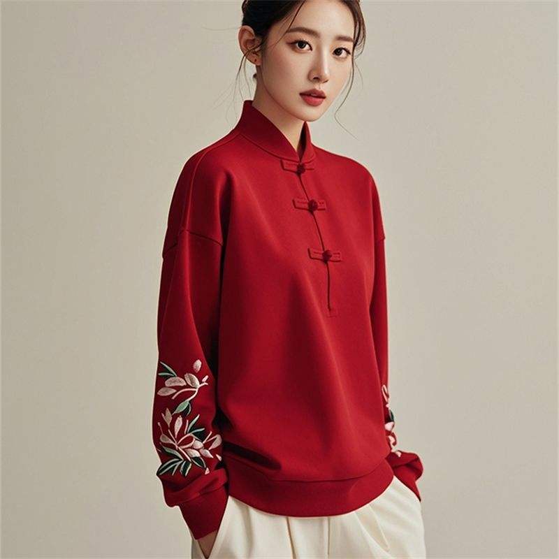 sweat à capuche brodé pour femme, style chinois, col montant, manches longues, boutonné,