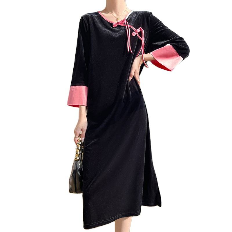 Style Chinois Vintage Noeud Bouton Robe en Velours Doré