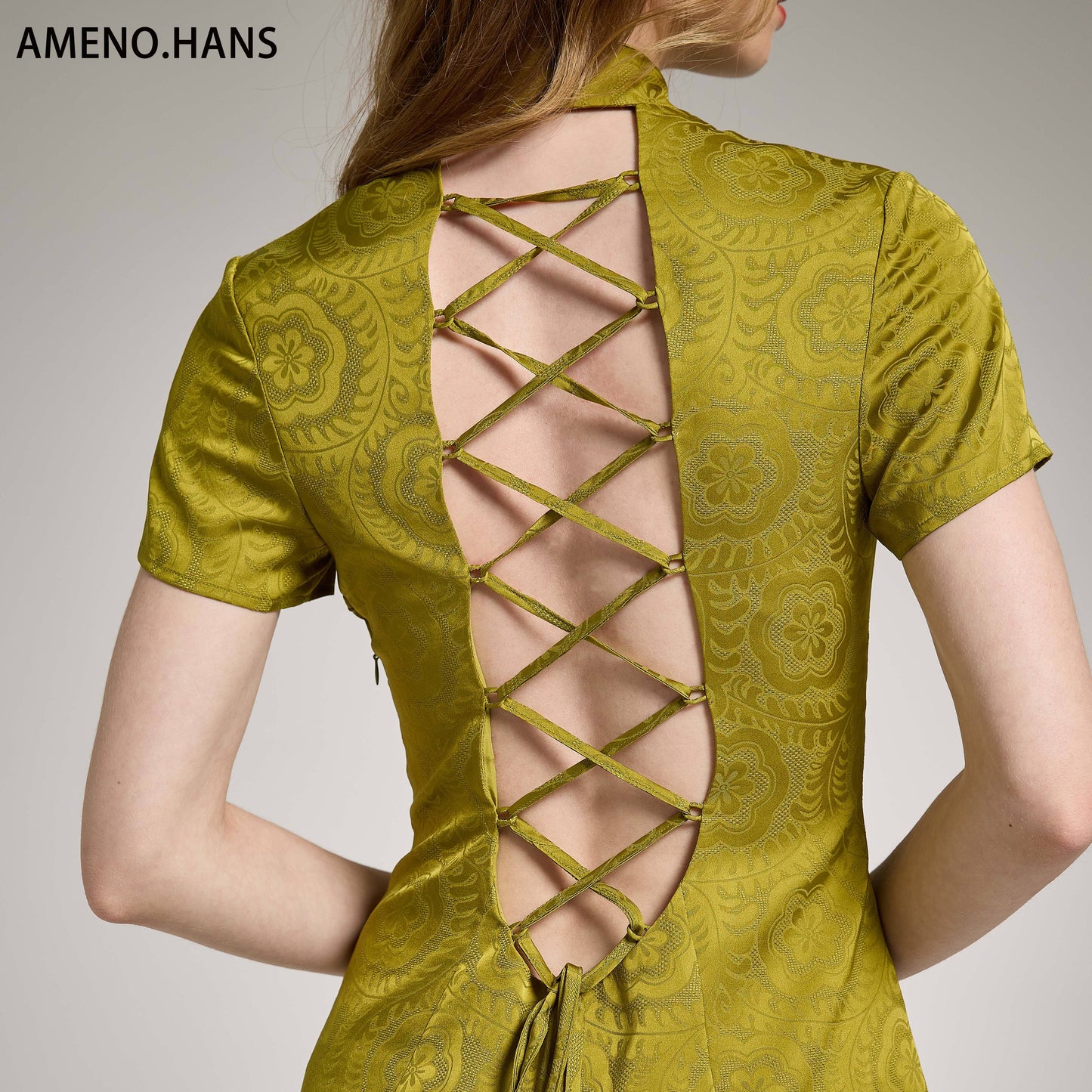 Vert Vintage Chinois Jacquard Dos Découpe Bretelles Croisées Robe Cheongsam Chinois Traditionnel