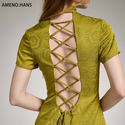 Vert Vintage Chinois Jacquard Dos Découpe Bretelles Croisées Robe Cheongsam Chinois Traditionnel