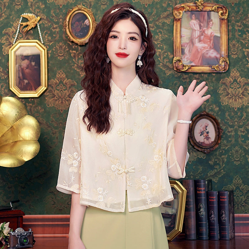 Embroidery Shirt Women Blusas Mujer De Moda 2024 Verano Stand Collar Women Blouse Tops Shirts