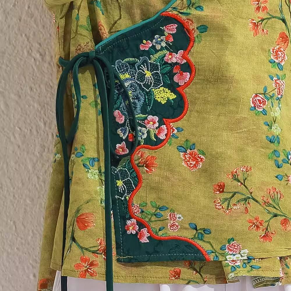 Style chinois à lacets chinois brodé Hanfu rétro Art Cardigan haut imprimé coton et lin chemise
