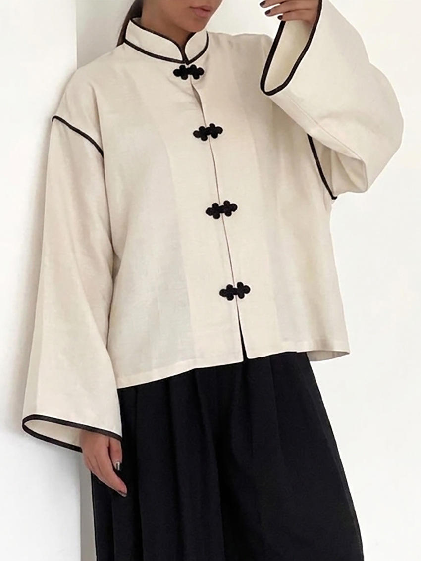 Chemisier décontracté ample à manches longues pour femme, style chinois, avec boutons grenouille, col montant et bordure contrastante, pour le streetwear