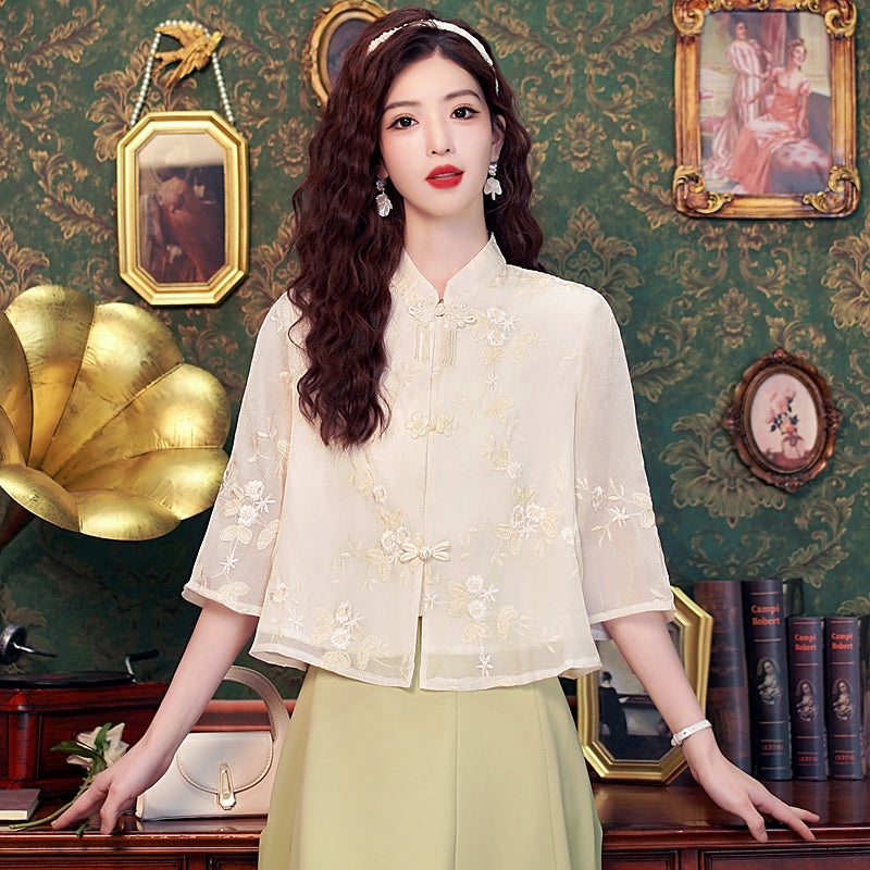 Embroidery Shirt Women Blusas Mujer De Moda 2024 Verano Stand Collar Women Blouse Tops Shirts