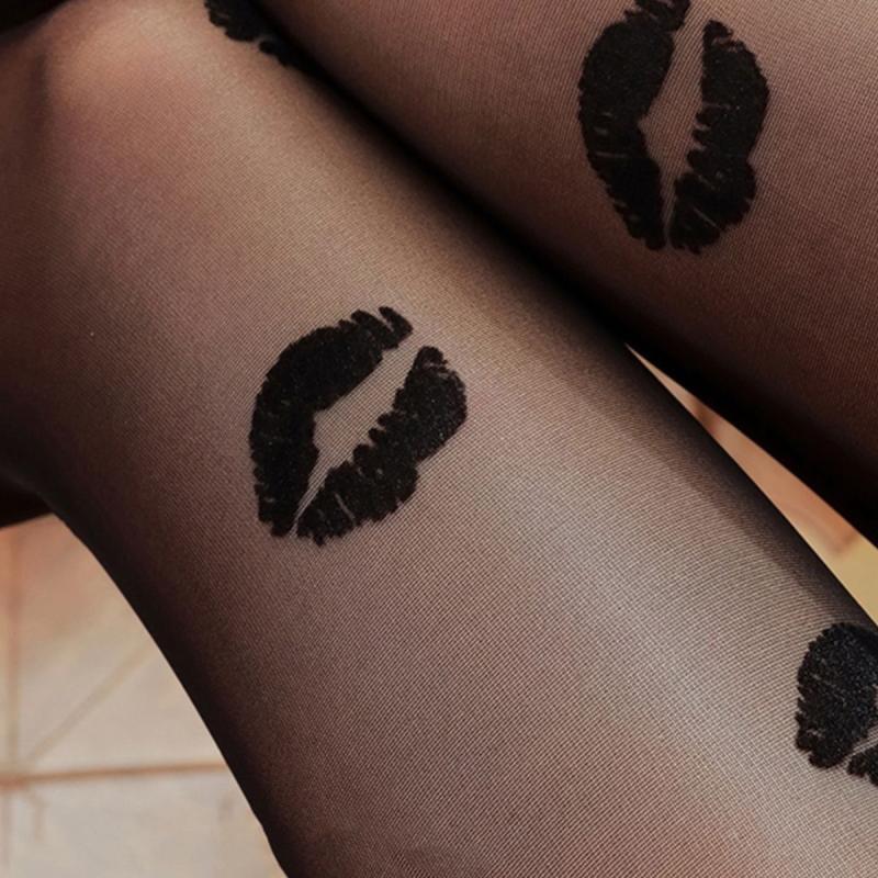 Sexy Black Silk Tights Transparent Printed Seamless Pantyhose Free Size Anti-Hook Cut Sheer Tight