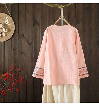 Chemise ample en coton et lin brodée de style chinoiserie, littérature et art, avec lien à nouer, pour le printemps et l'été, robe de thé, haut