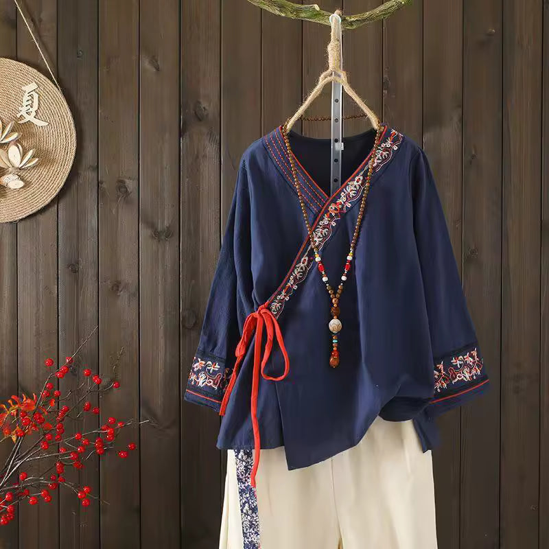 Chemise ample en coton et lin brodée de style chinoiserie, littérature et art, avec lien à nouer, pour le printemps et l'été, robe de thé, haut