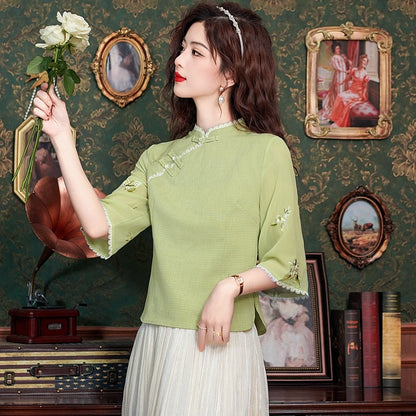 Tang Dress Women's Summer Hanfu Embroidered Top Women's National Style Retro Embroidery Chinese Top Women's Loose Blouse