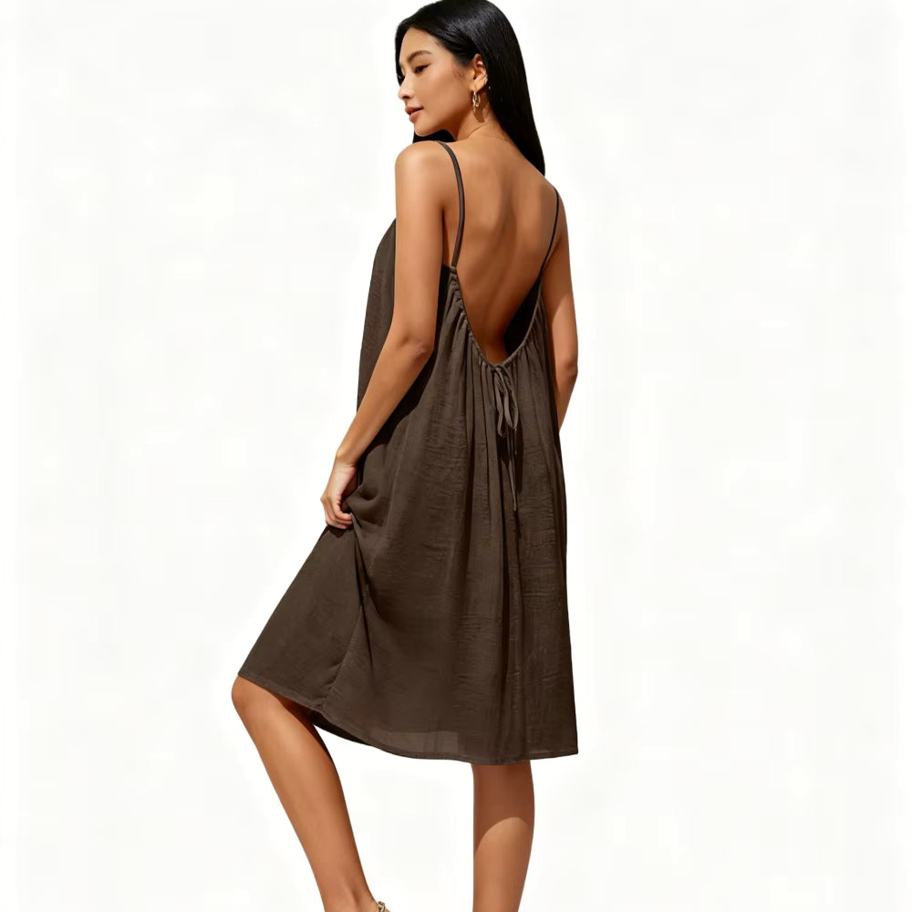 Women's Solid Color Open-Back Maxi Cami Dress – Comfortable, Relaxed Fit – Ideal for Loungewear and Leisure