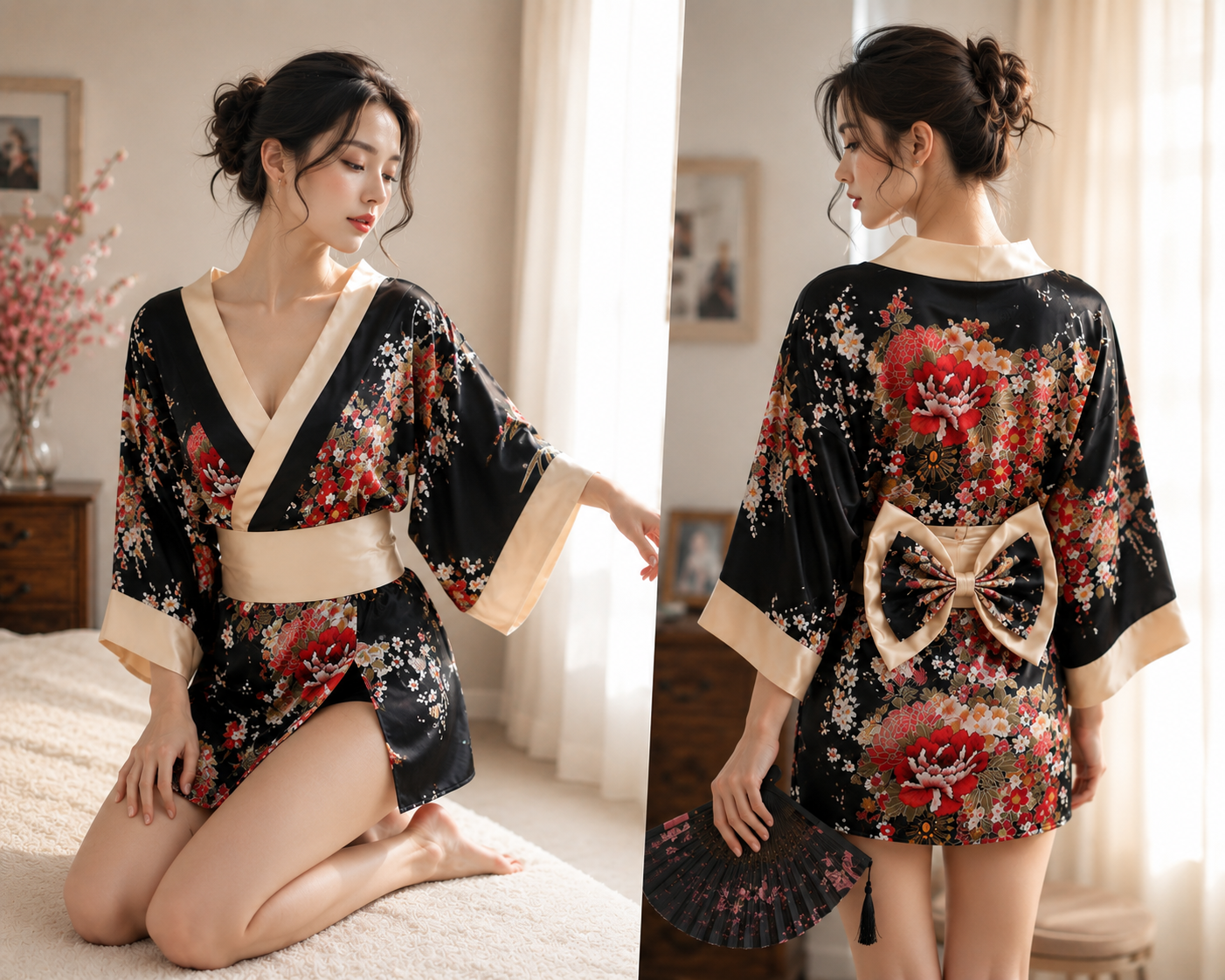 Kimono Japonais Élégance | Satin Premium & Motifs Floraux